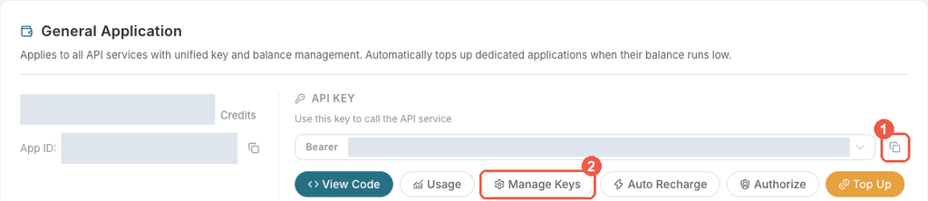 Copy an application API key or open Manage Keys