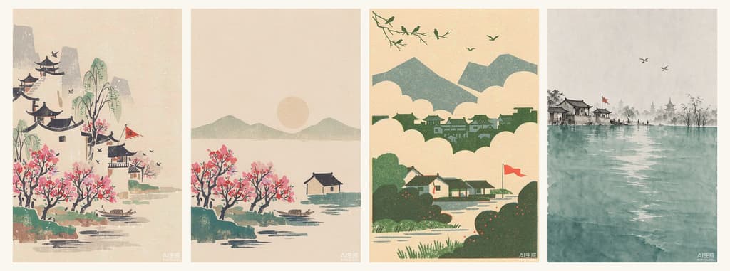 四张成品:江南春·水印木刻 / 忆江南·水印木刻 / 江南春·risograph / 江南春·色块彩墨