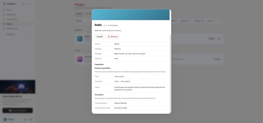 ReMe plugin grants and tool contract
