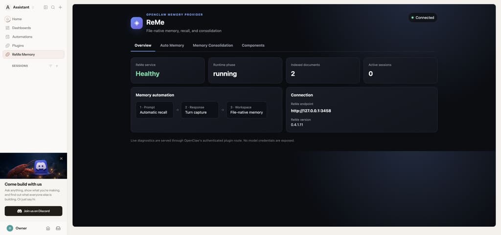 ReMe status in the OpenClaw Control UI