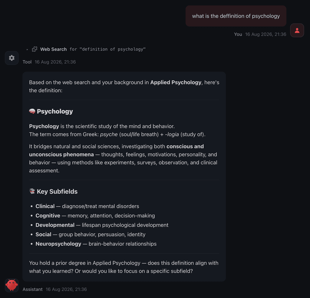 An OpenClaw agent answering "what is the definition of psychology" by calling web search and grounding its reply in cited sources, guided by the verify-before-answer doctrine
