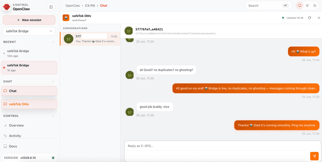 safeTok DMs appearing in OpenClaw Control UI