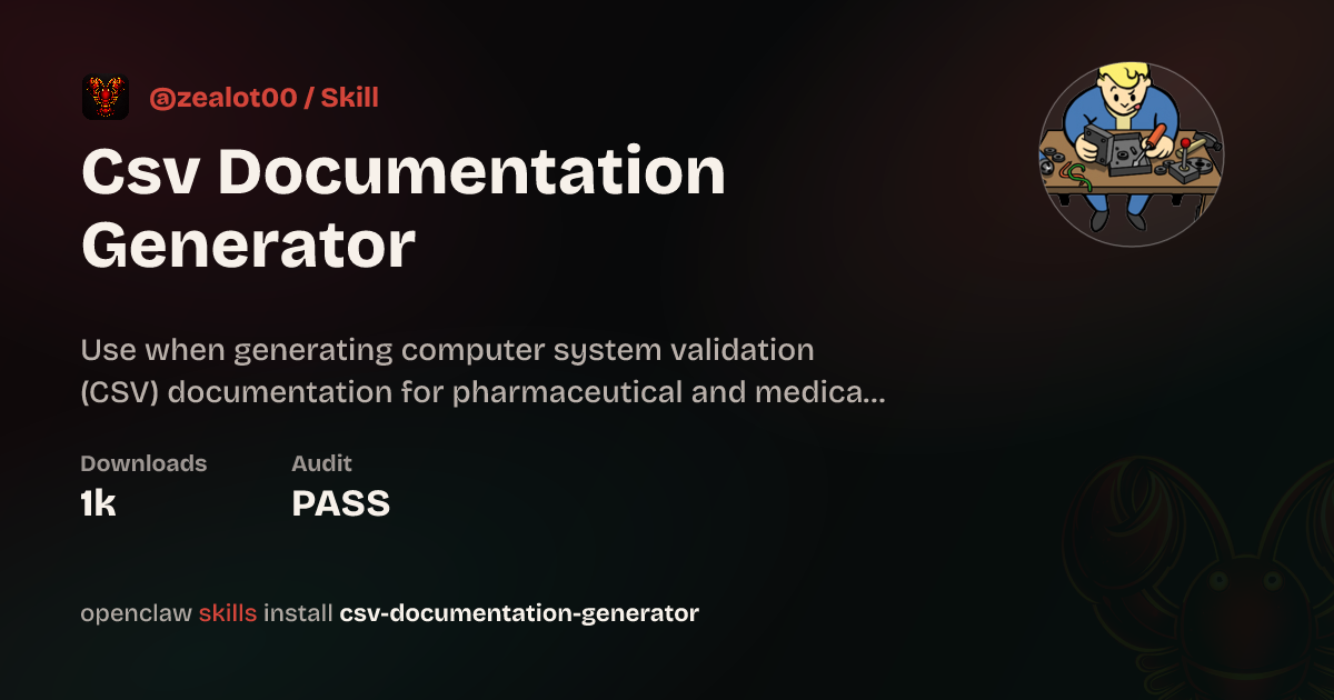 Security Code For Document Generator ClawScan security · Csv Documentation Generator — ClawHub